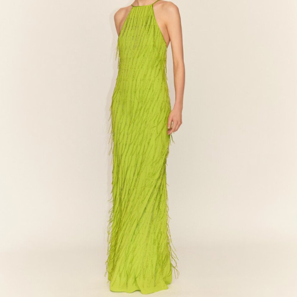 MANGO CAPSULE  Green Halter dress with rhinestone fringes